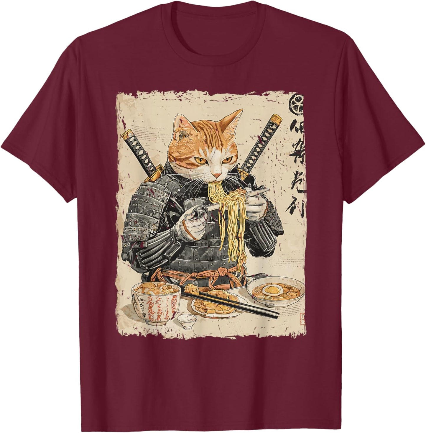 Samurai Cat Loves Ramen Funny Anime Japanese Artwork Samurai T-Shirt - T-Shirt | Maroon