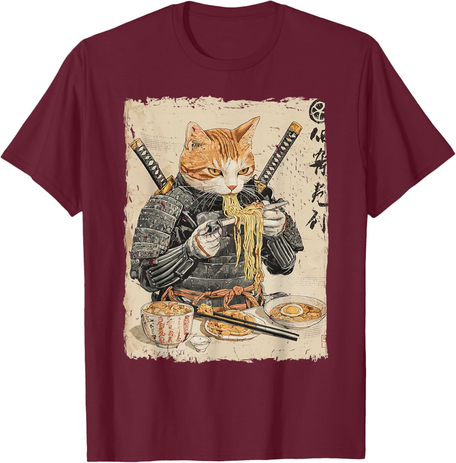 Samurai Cat Loves Ramen Funny Anime Japanese Artwork Samurai T-Shirt - T-Shirt | Maroon