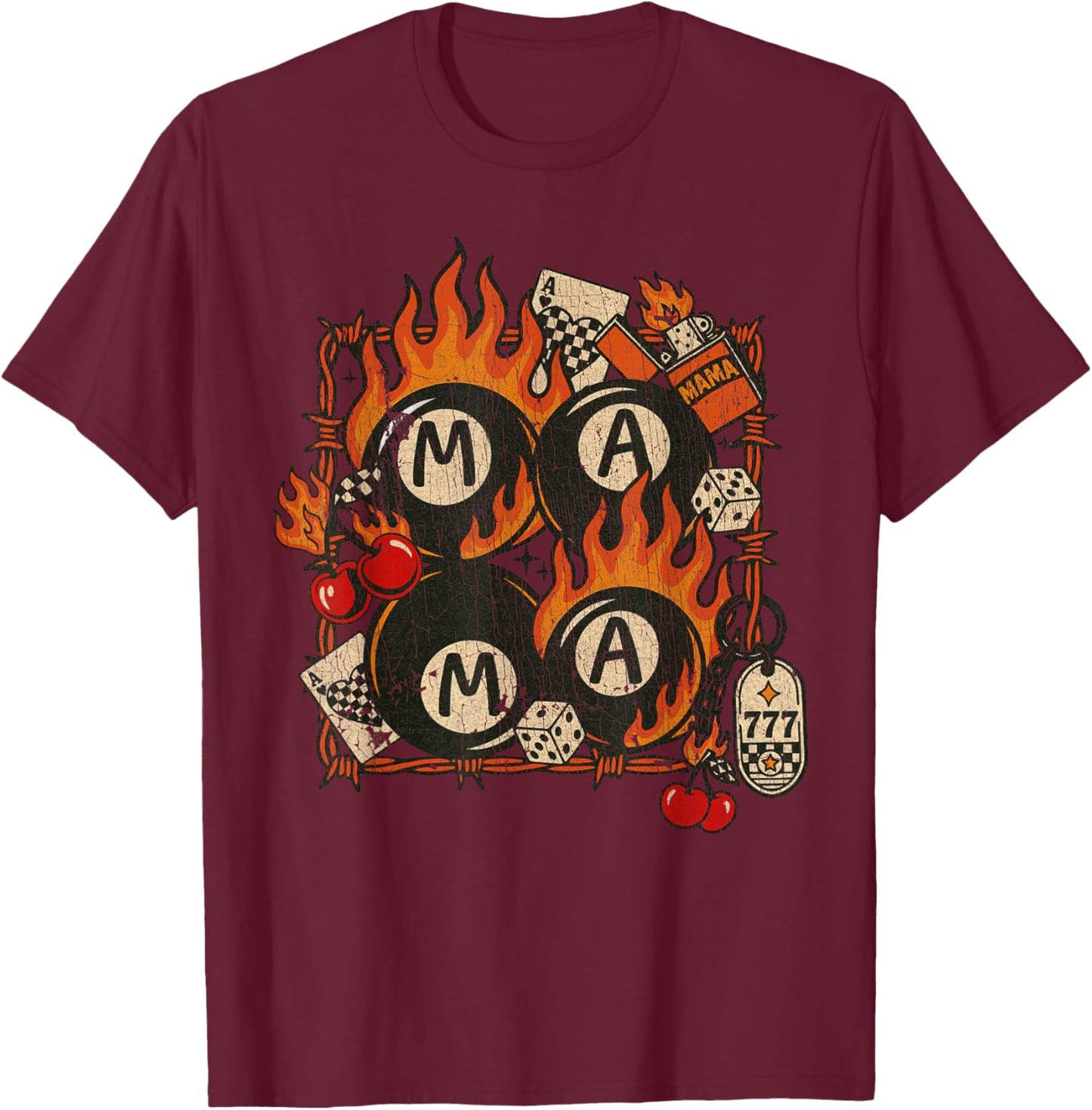 Edgy Mama 8 Ball Flames Cherries Vintage Rockabilly T-Shirt - T-Shirt | Maroon