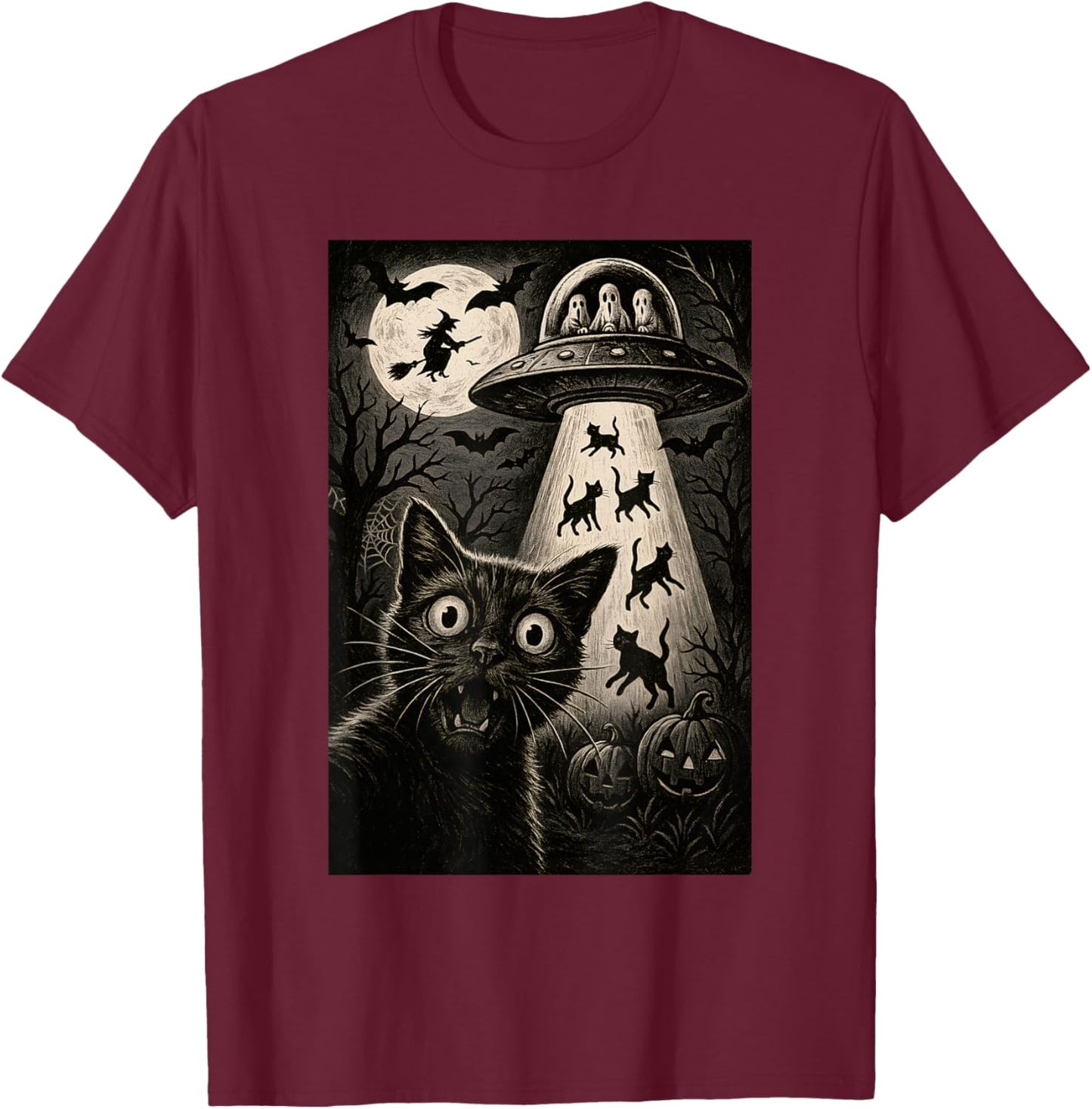 Halloween Cat Selfie Scary Alien Abduction Cats UFO Flying T-Shirt - T-Shirt | Maroon