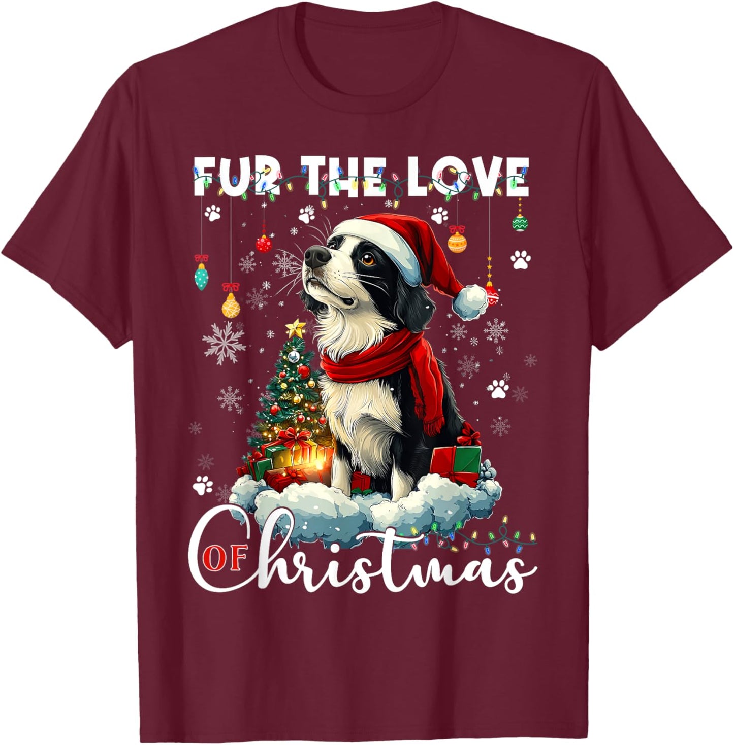 Border Collie Christmas Tree Decorations Dog Lover Xmas Men Women Kids T-Shirt - T-Shirt | Maroon