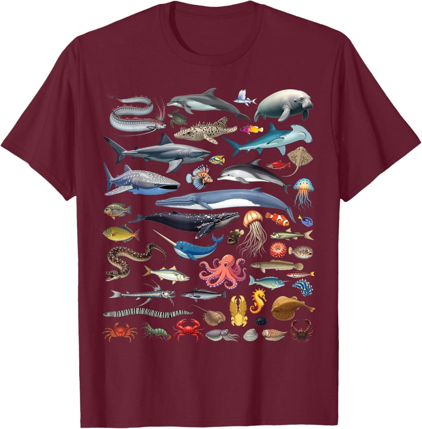 Ocean Creatures Collection Marine Life Sea Animals T-Shirt - T-Shirt | Maroon