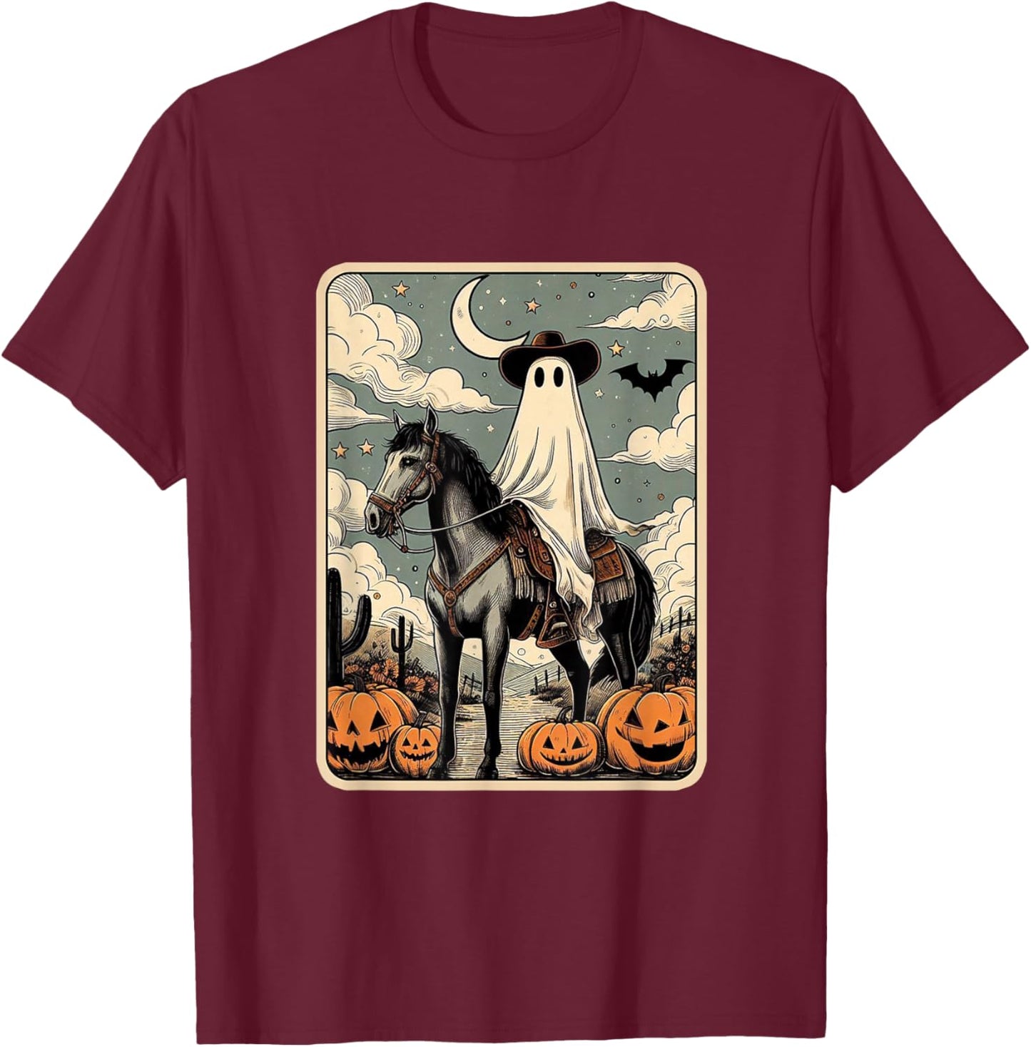 Cowboy Ghost Riding Horse Funny Tarot Card Halloween Season T-Shirt - T-Shirt | Maroon