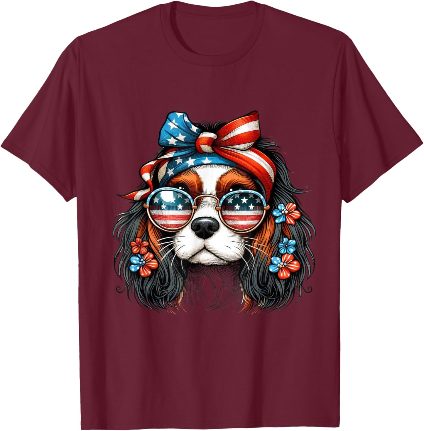 Girl 4th of July With Cavalier King Charles Spaniel Dog T-Shirt - T-Shirt | Maroon