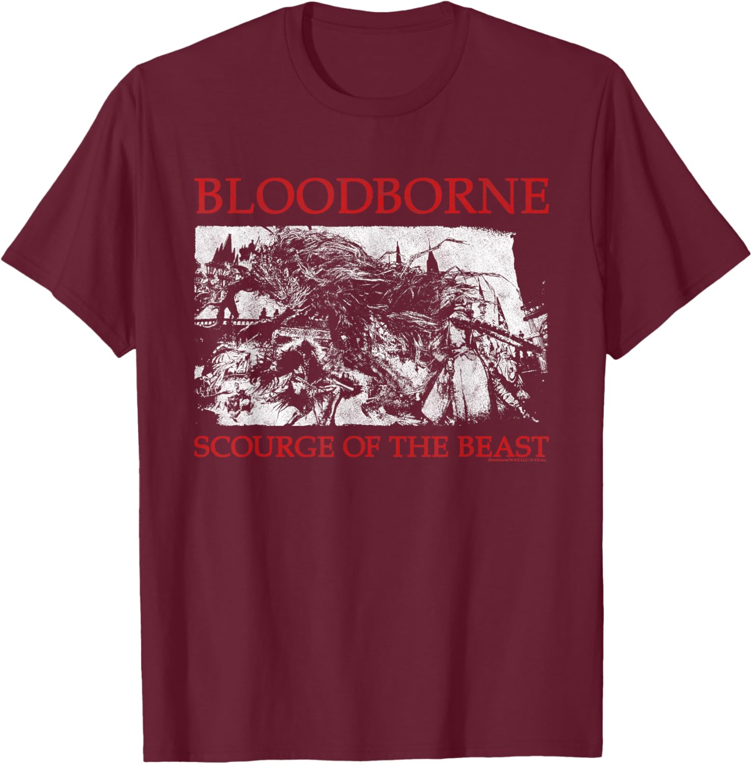 Bloodbourne Scorage of The Beast Scene Red Text Video Game T-Shirt - T-Shirt | Maroon