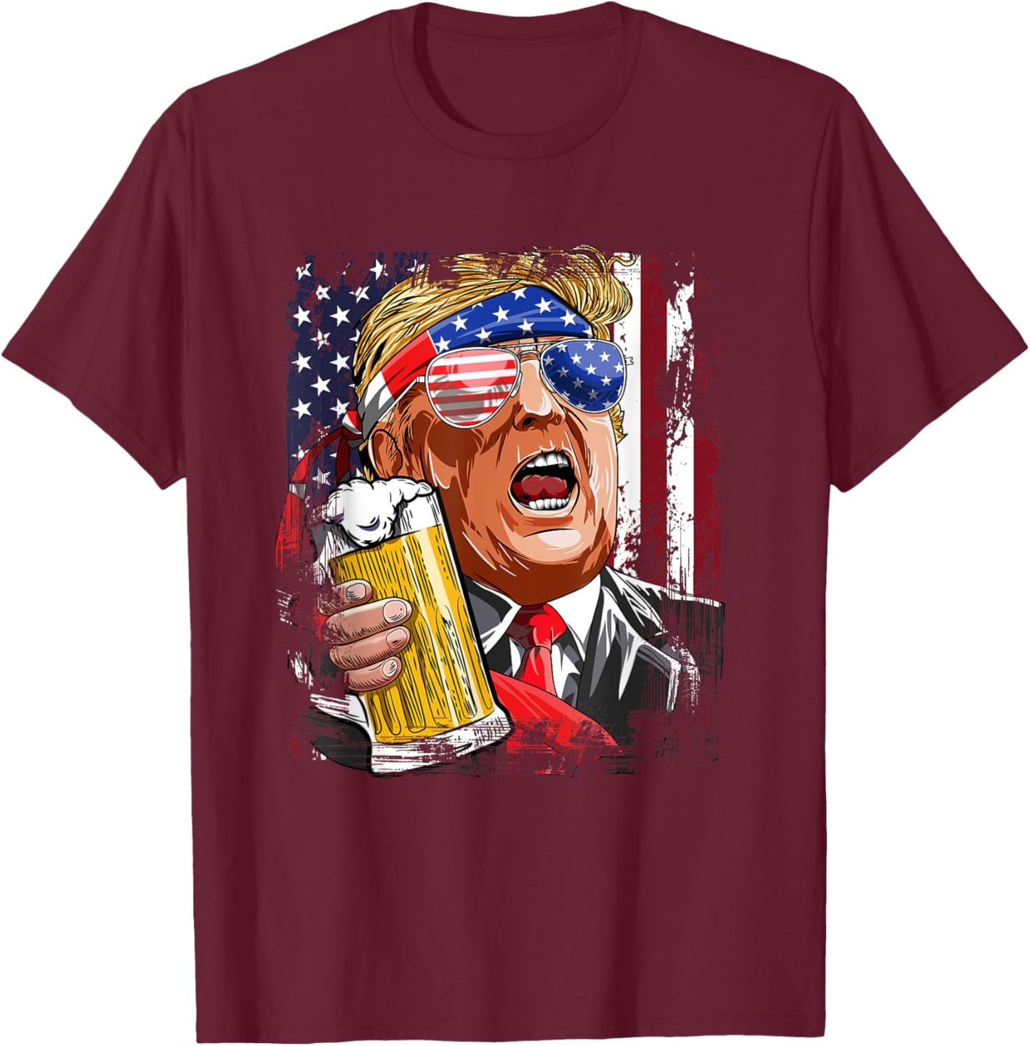Donald Trump Drinking Beer Merica Trump 4th Of July US Flag T-Shirt - T-Shirt | Maroon