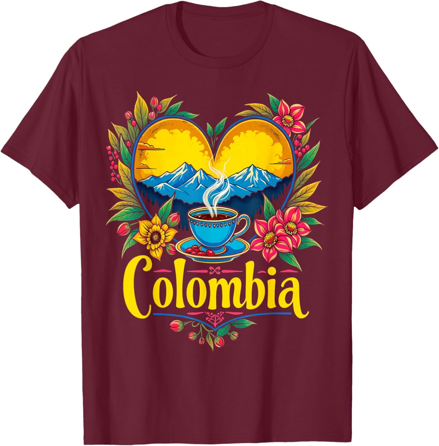 Colombia Coffee Mountains Heart T-Shirt - T-Shirt | Maroon