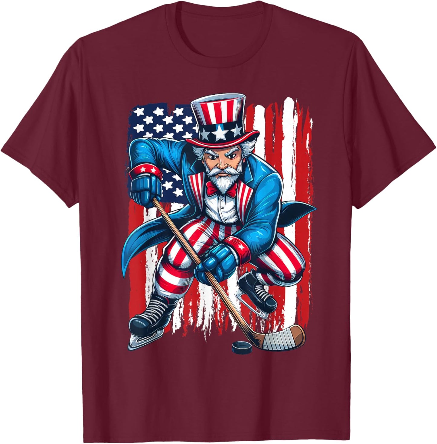 Uncle Sam Hockey Player 4th of July American Flag T-Shirt - T-Shirt | Maroon