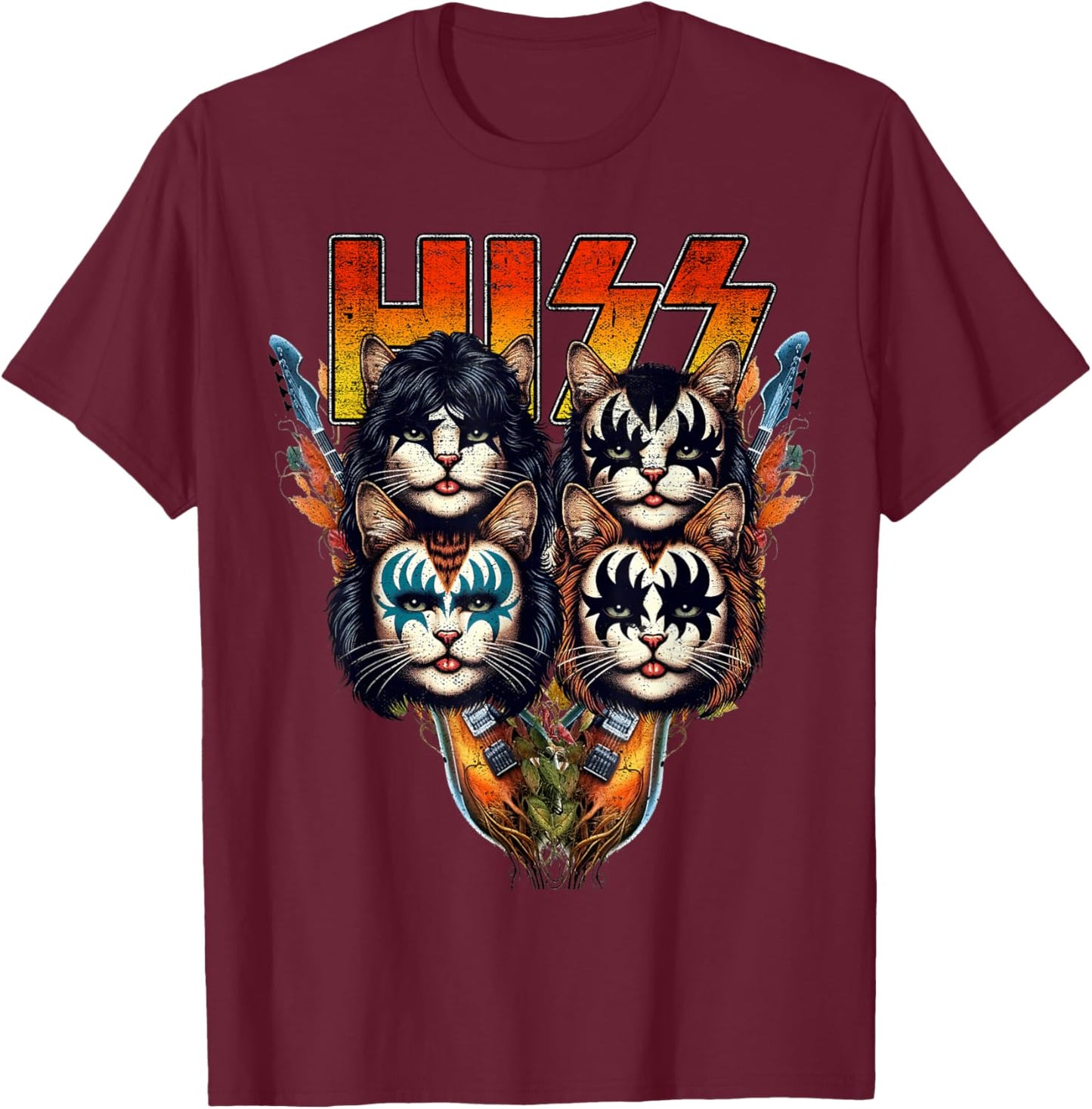 Hiss Funny Cats Kittens Parody Rock Rockin vintage retro cat T-Shirt - T-Shirt | Maroon