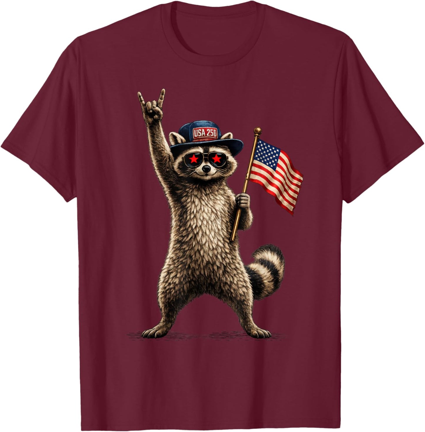 USA Flag 250 Years Raccoon Funny 4th of July Men Women Kids T-Shirt - T-Shirt | Maroon