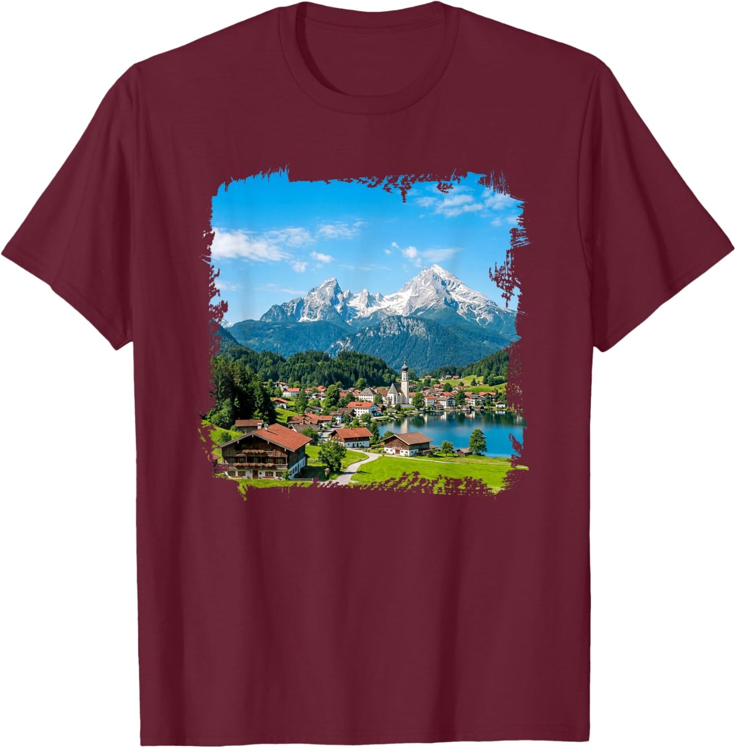 Alpes bavaroises Montagne Village Lac Paysage pittoresque T-Shirt - T-Shirt | Maroon