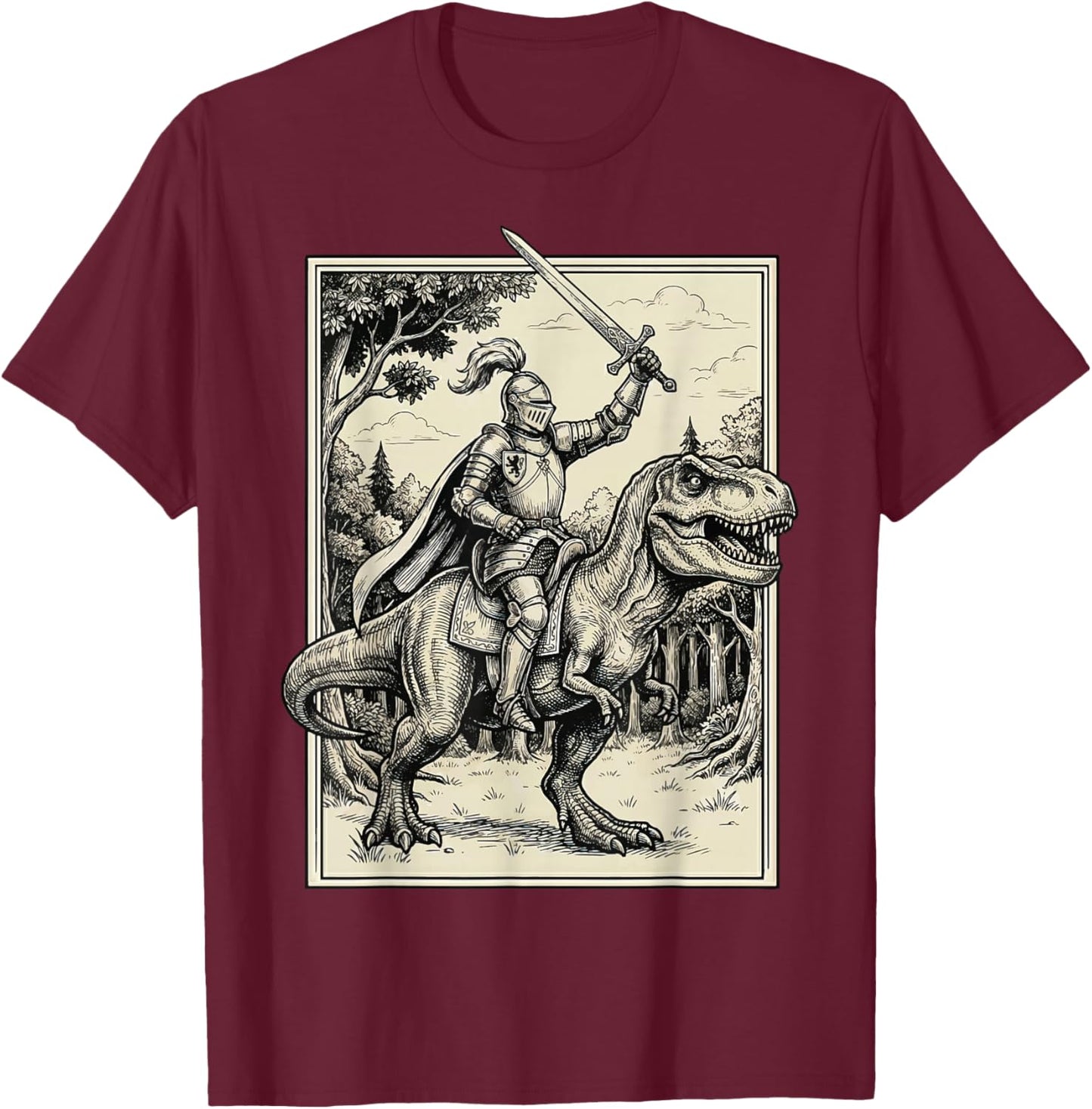 Knight Riding Dinosaur T-Rex Renaissance T-Shirt - T-Shirt | Maroon