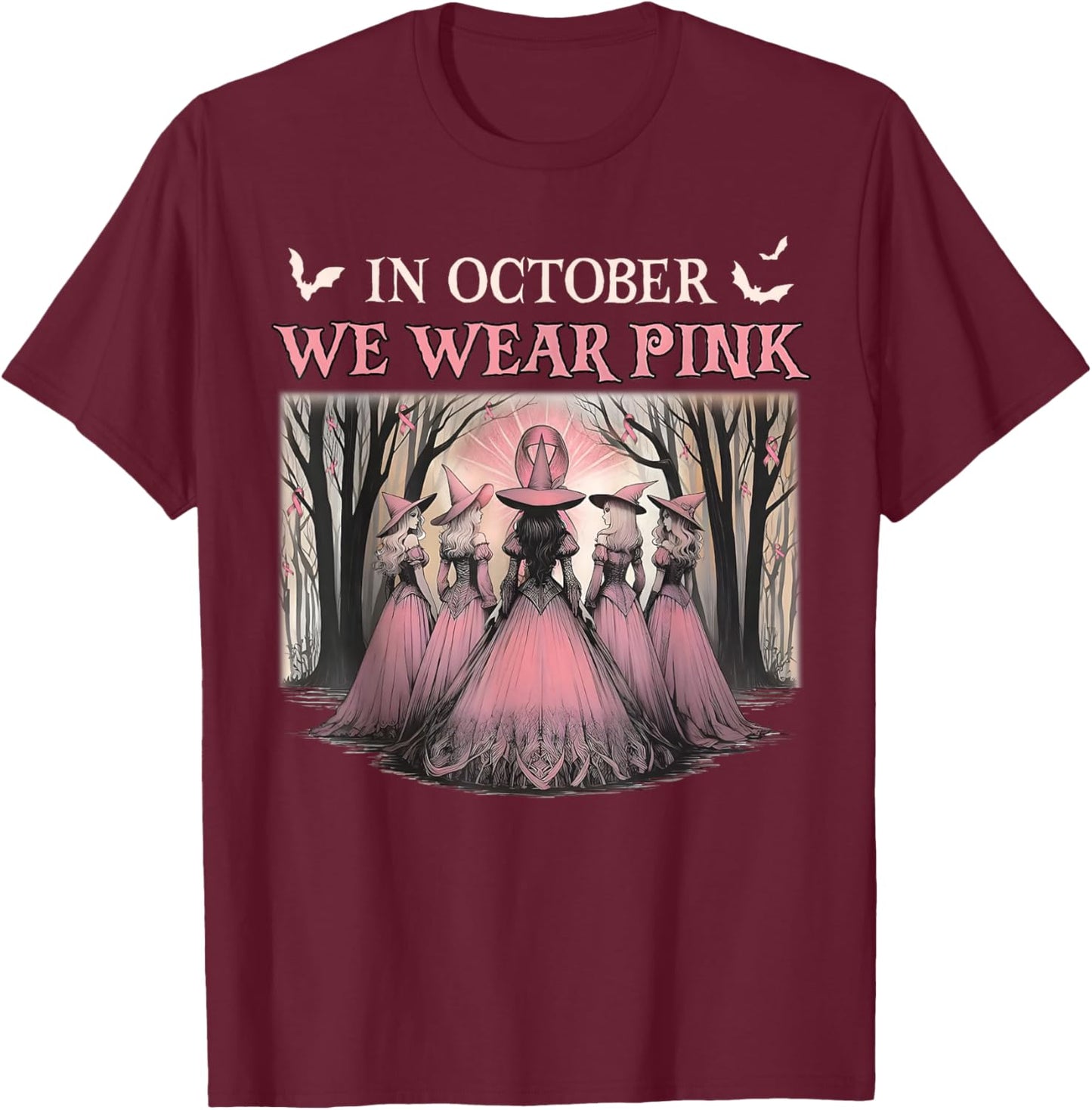 Retro in October We Wear Pink Witch Breast Cancer Ribbon T-Shirt - T-Shirt | Maroon
