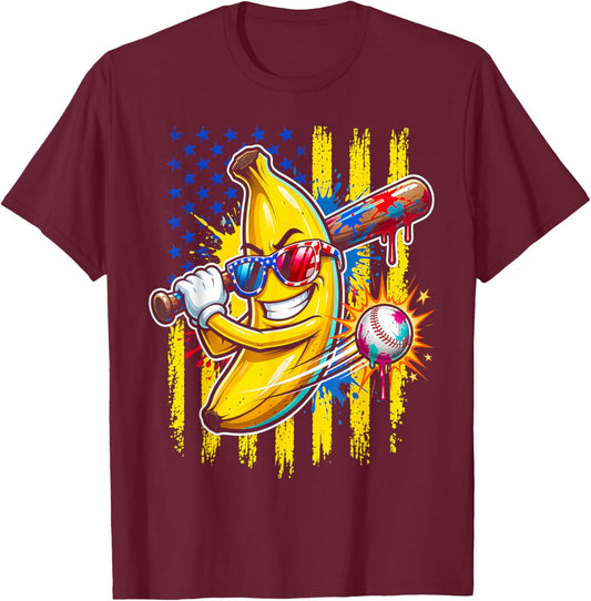 Funny Banana Drip American Flag for Kids Youth Boys Girls T-Shirt - T-Shirt | Maroon