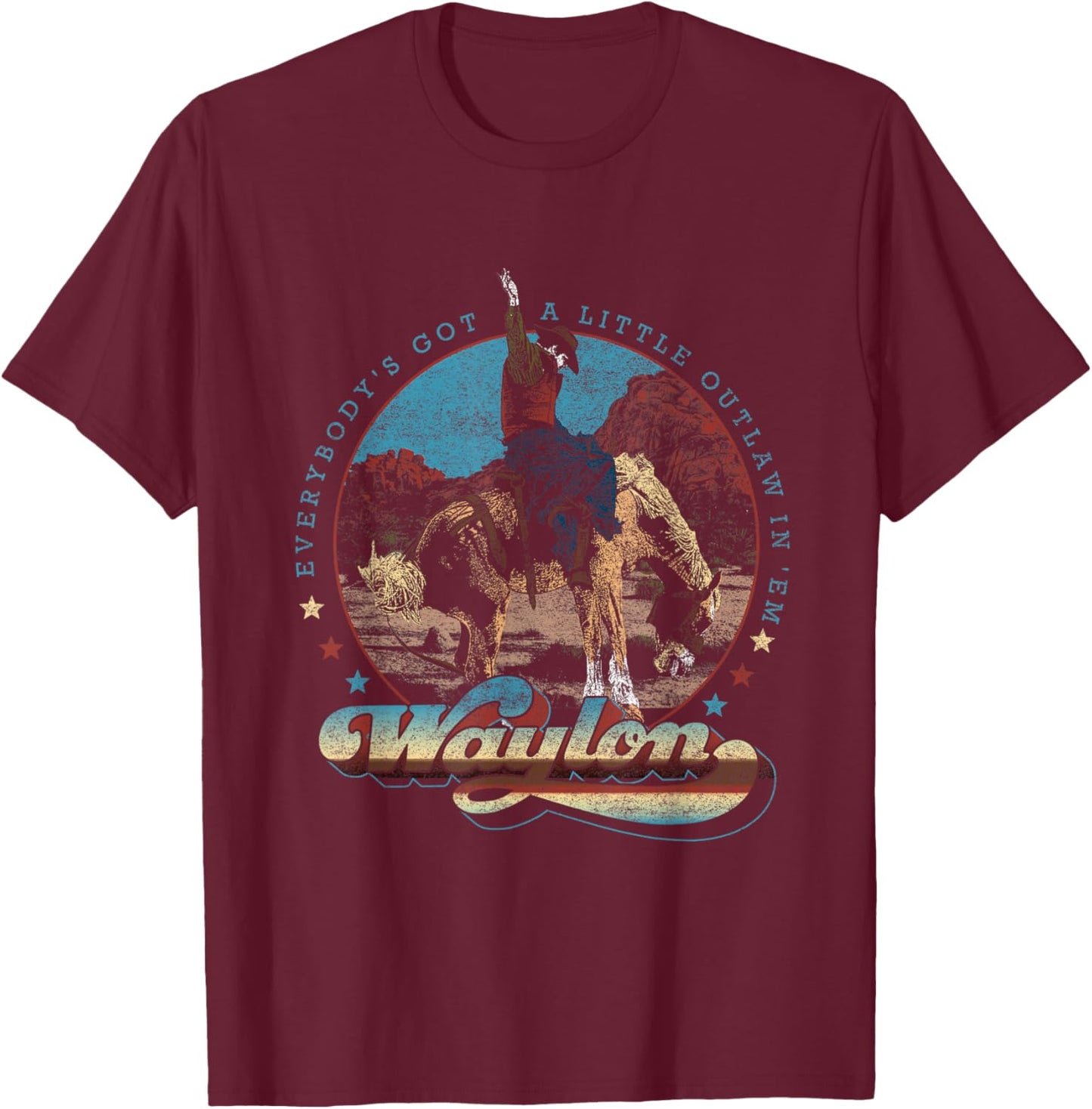 Waylon Jennings - Official Merchandise - Black Cowboy - -Adults - Short Sleeve - - Small T-Shirt - T-Shirt | Maroon