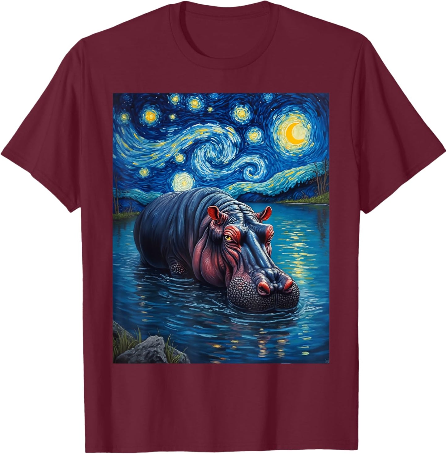 Van Gogh's Starry Night Hippopotamus Animal T-Shirt - T-Shirt | Maroon