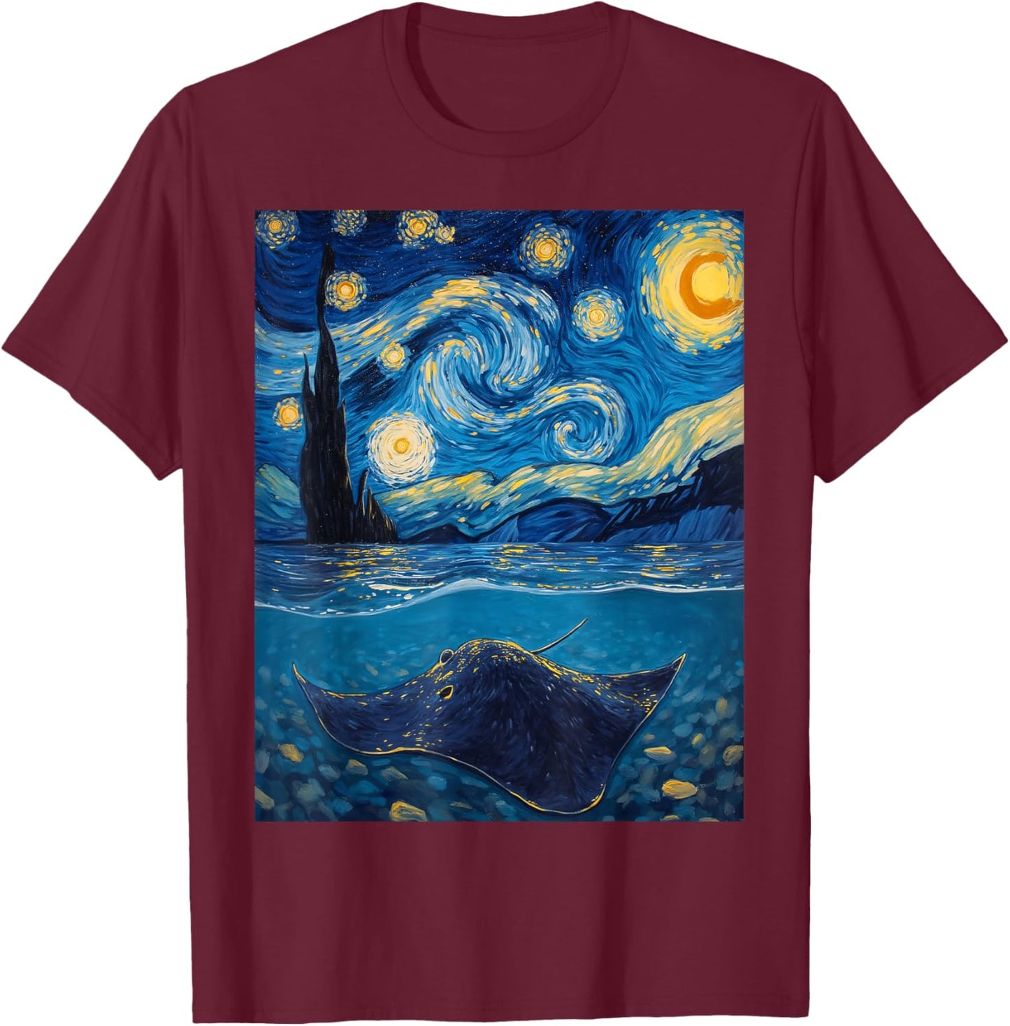 Van Gogh's Starry Night Stingray Flat Swimmer Animal Lovers T-Shirt - T-Shirt | Maroon