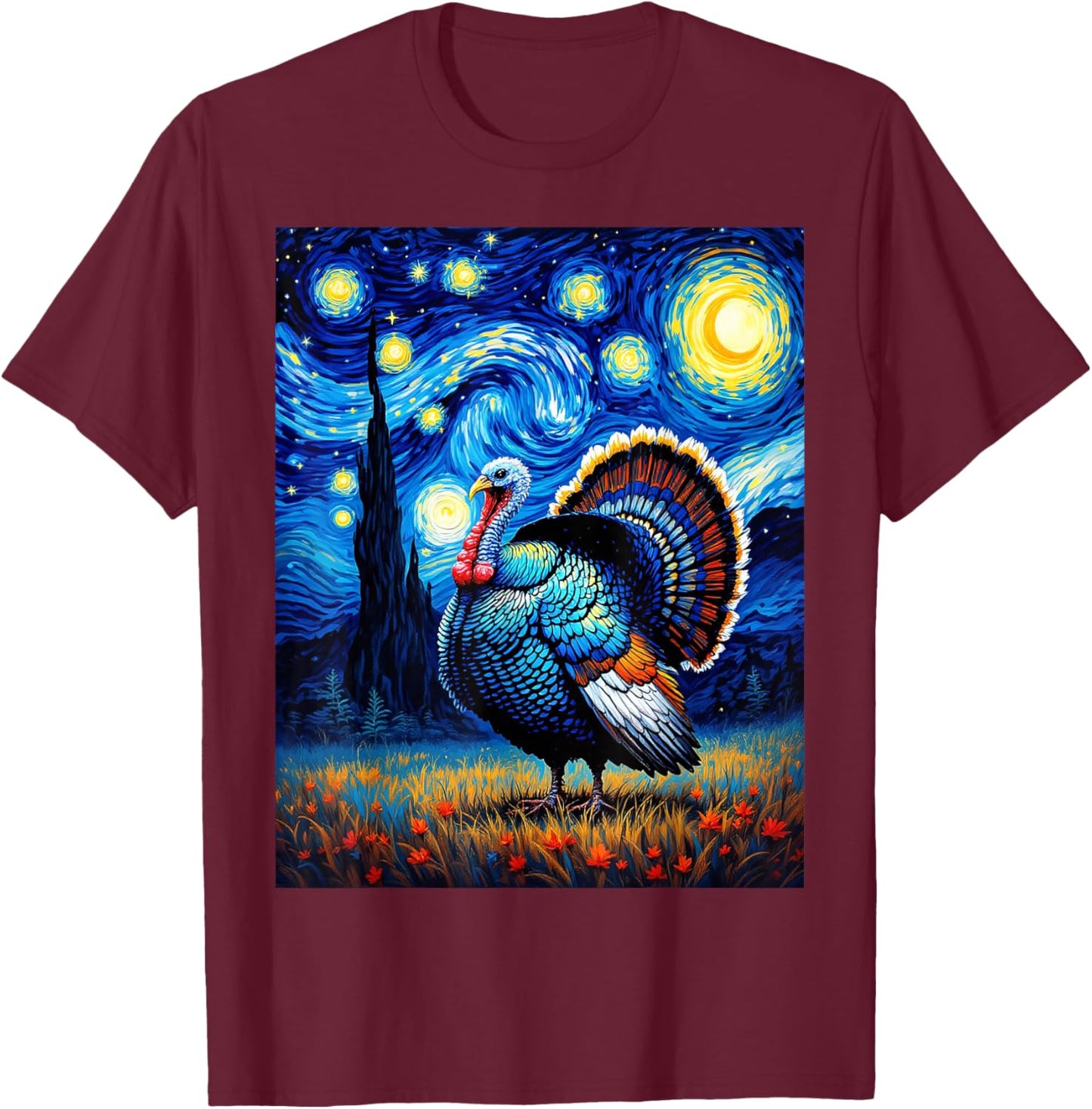 Van Gogh's Starry Night Wild Turkey Gobbler Animal Lovers T-Shirt - T-Shirt | Maroon