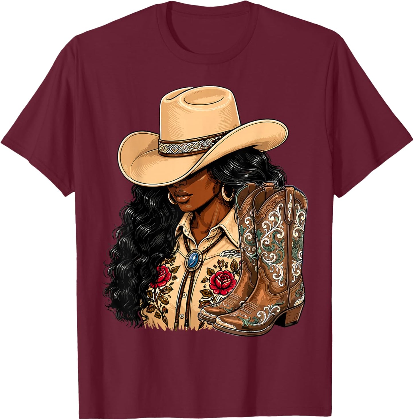 Melanin Cowgirl Western Boots Country T-Shirt - T-Shirt | Maroon