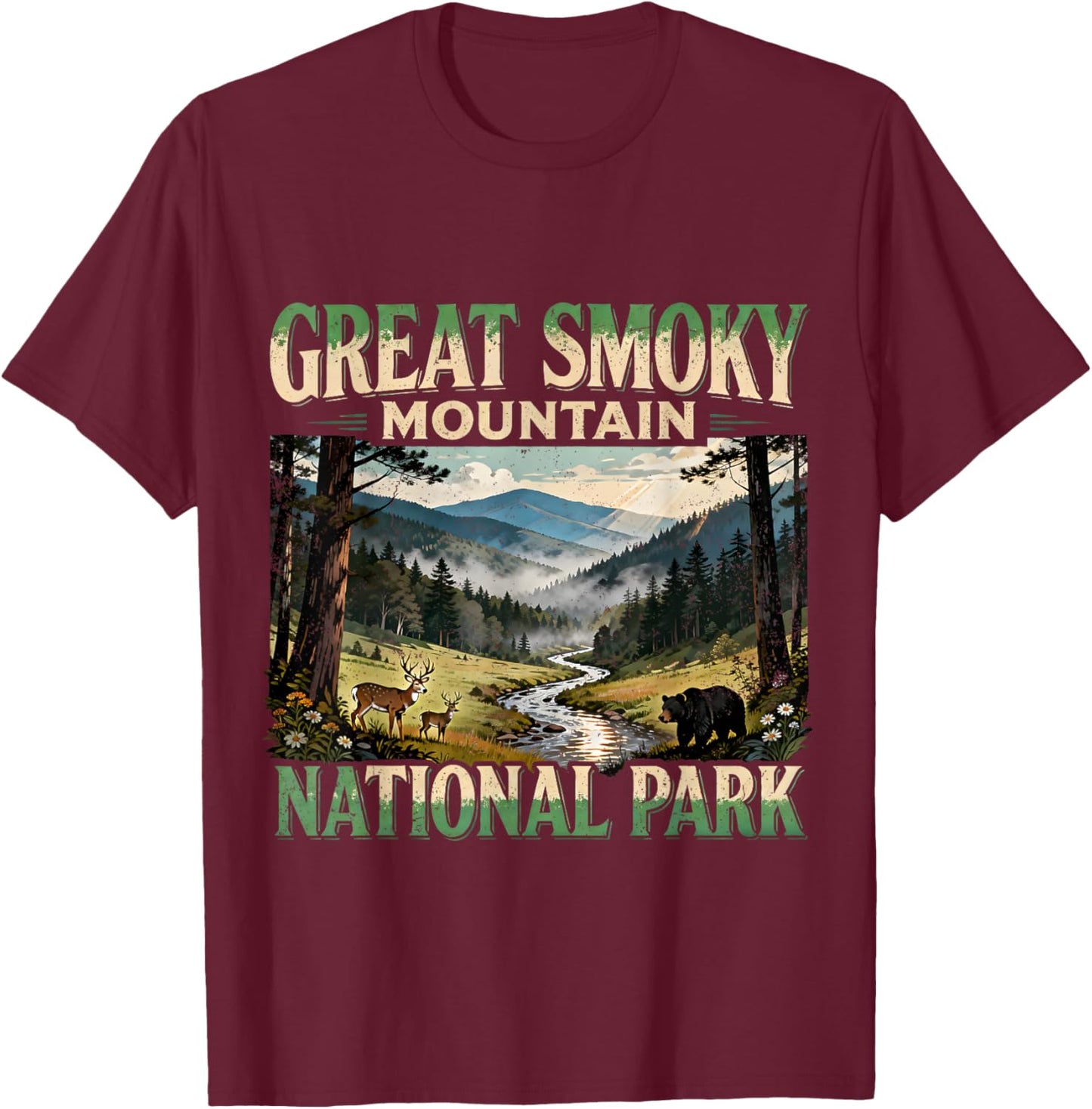 Great Smoky Mountains Bear Deer Wildlife T-Shirt - T-Shirt | Maroon