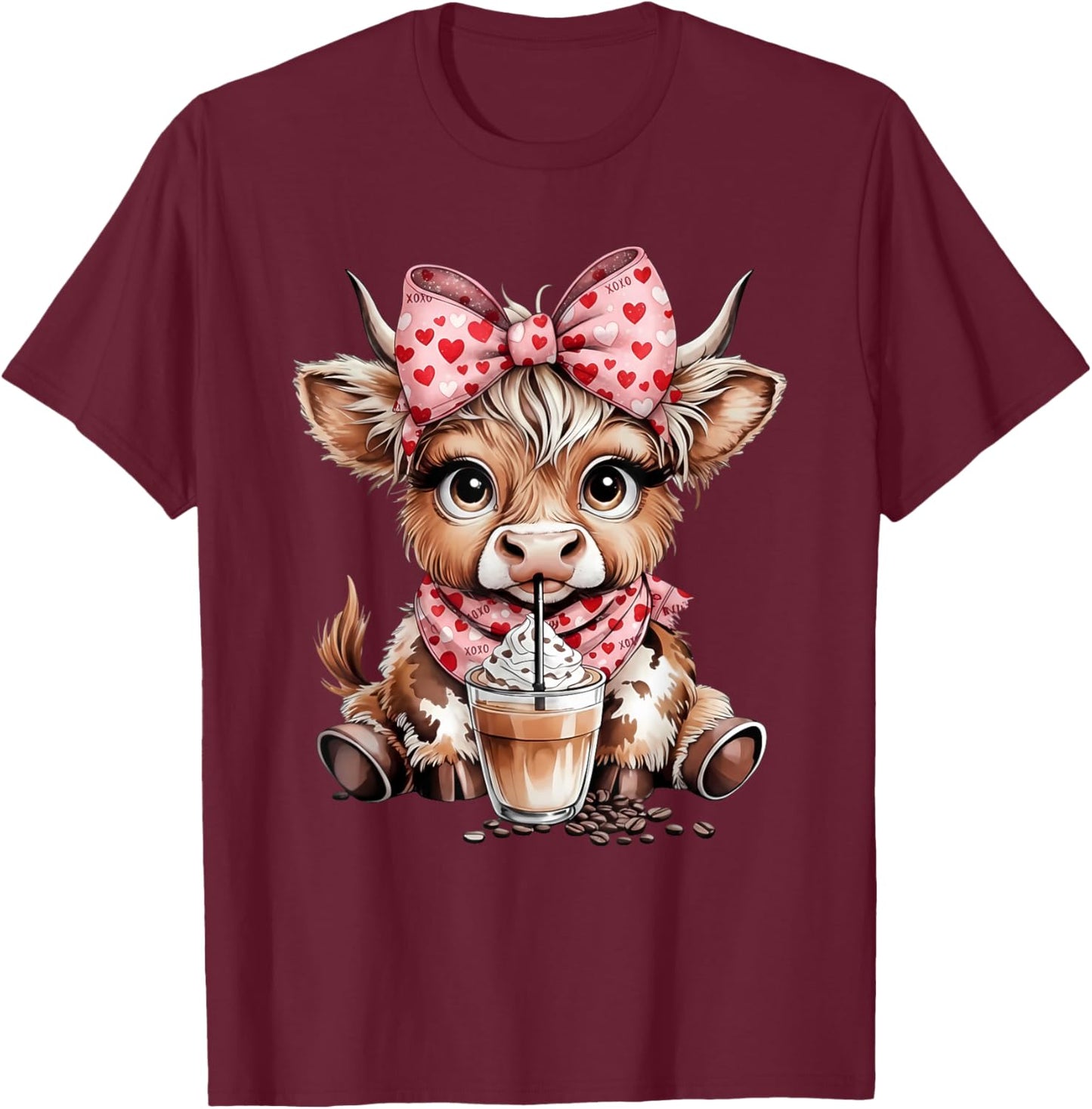 Highland Cow Coffee Leopard Bow Cowgirl Women Girls T-Shirt - T-Shirt | Maroon