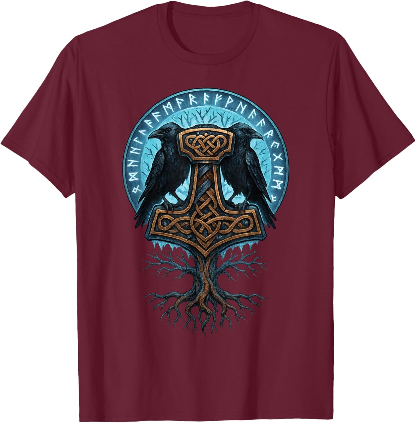 Yggdrasil Mjolnir Hammer Thor Ravens of Odin Huginn Muninn T-Shirt - T-Shirt | Maroon