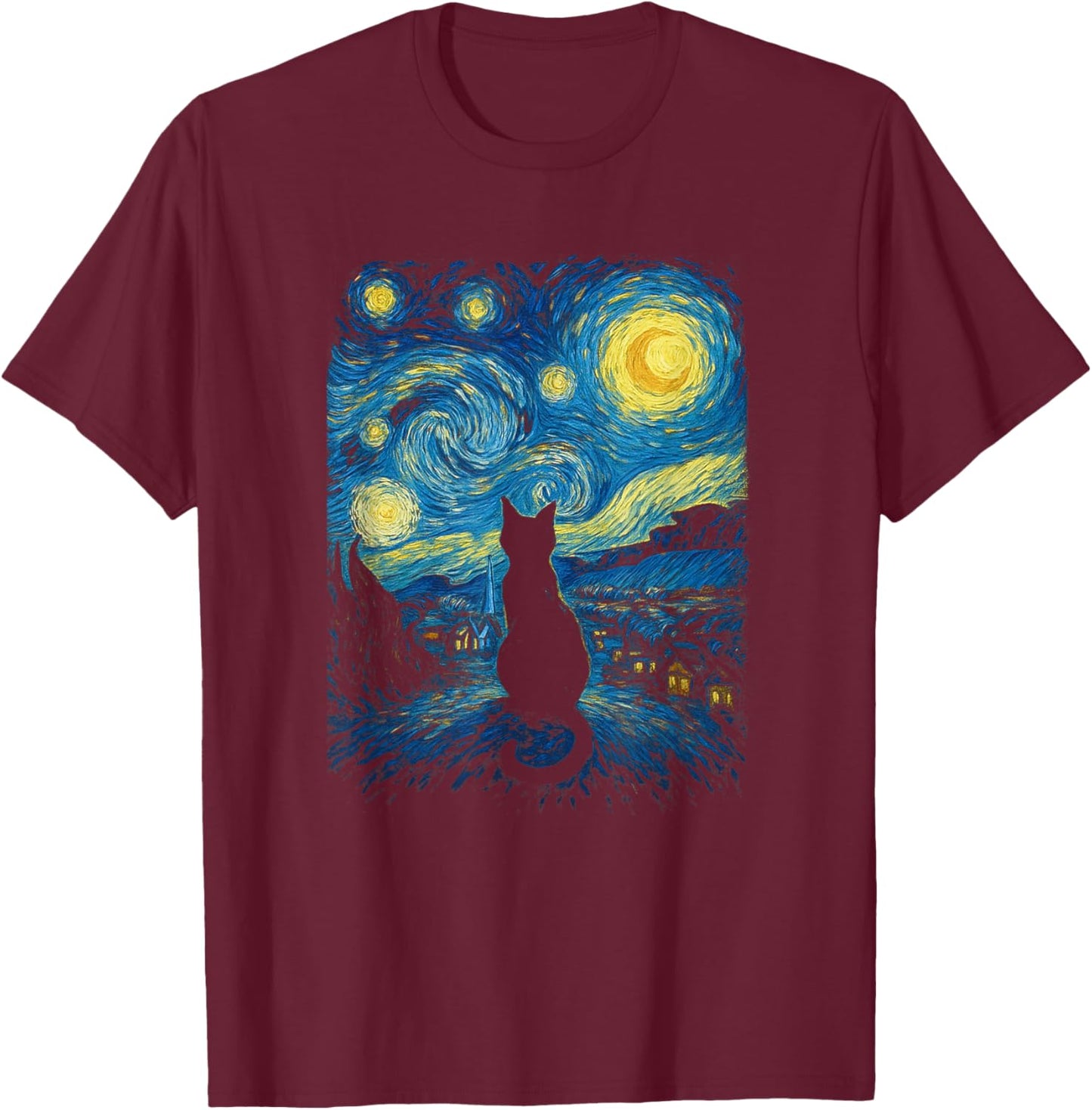 Gazing Black Cat Starry Night Sky Van Gogh Inspired Art T-Shirt - T-Shirt | Maroon