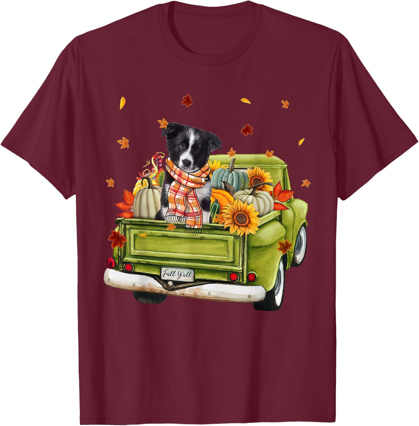 Happy Fall Y'all Border Collie Dog On Truck Pumpkin Fall T-Shirt - T-Shirt | Maroon