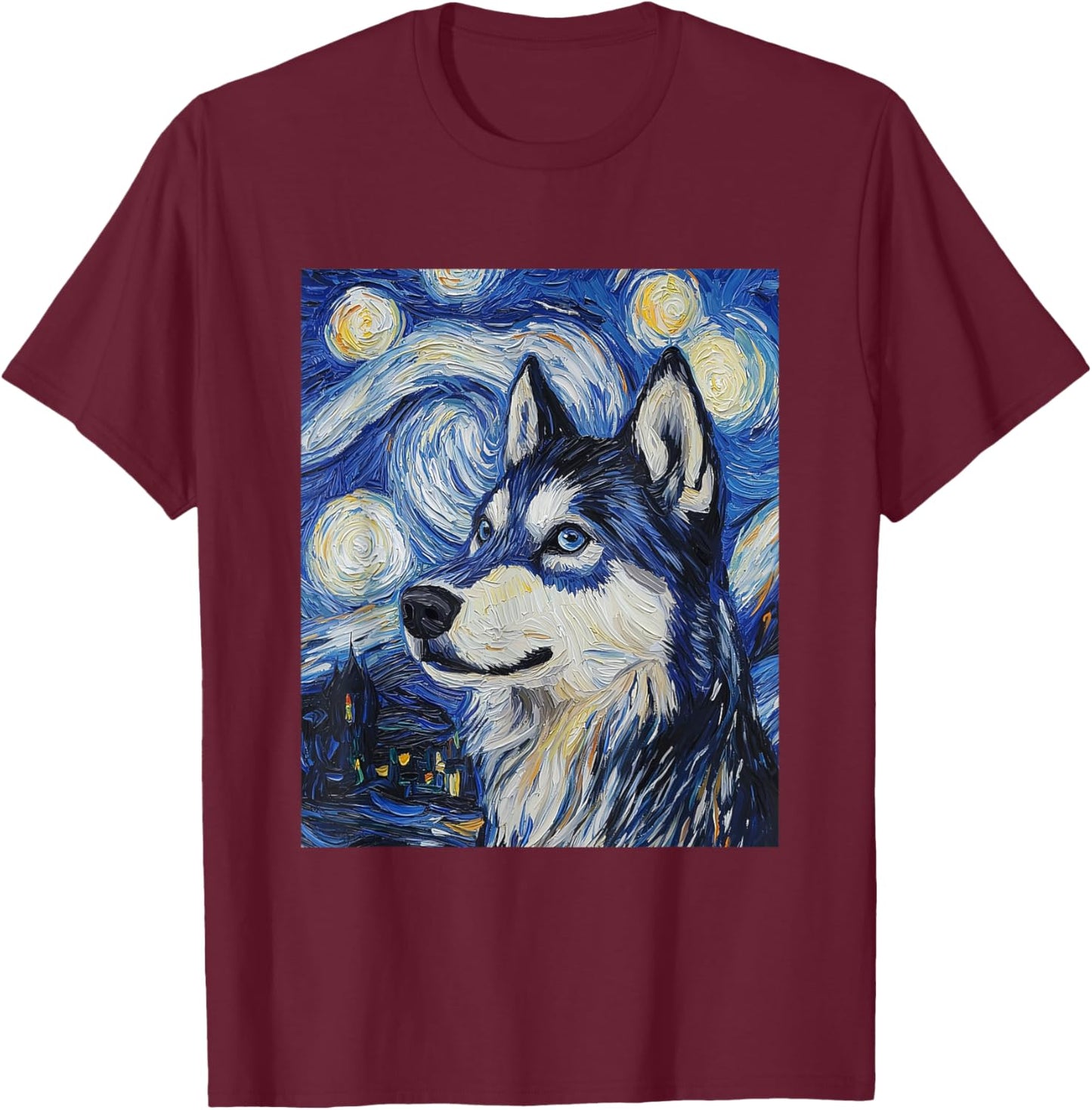 Siberian Husky Dog Wolf Van Gogh Style Starry Night T-Shirt - T-Shirt | Maroon