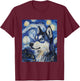 Siberian Husky Dog Wolf Van Gogh Style Starry Night T-Shirt - T-Shirt | Maroon