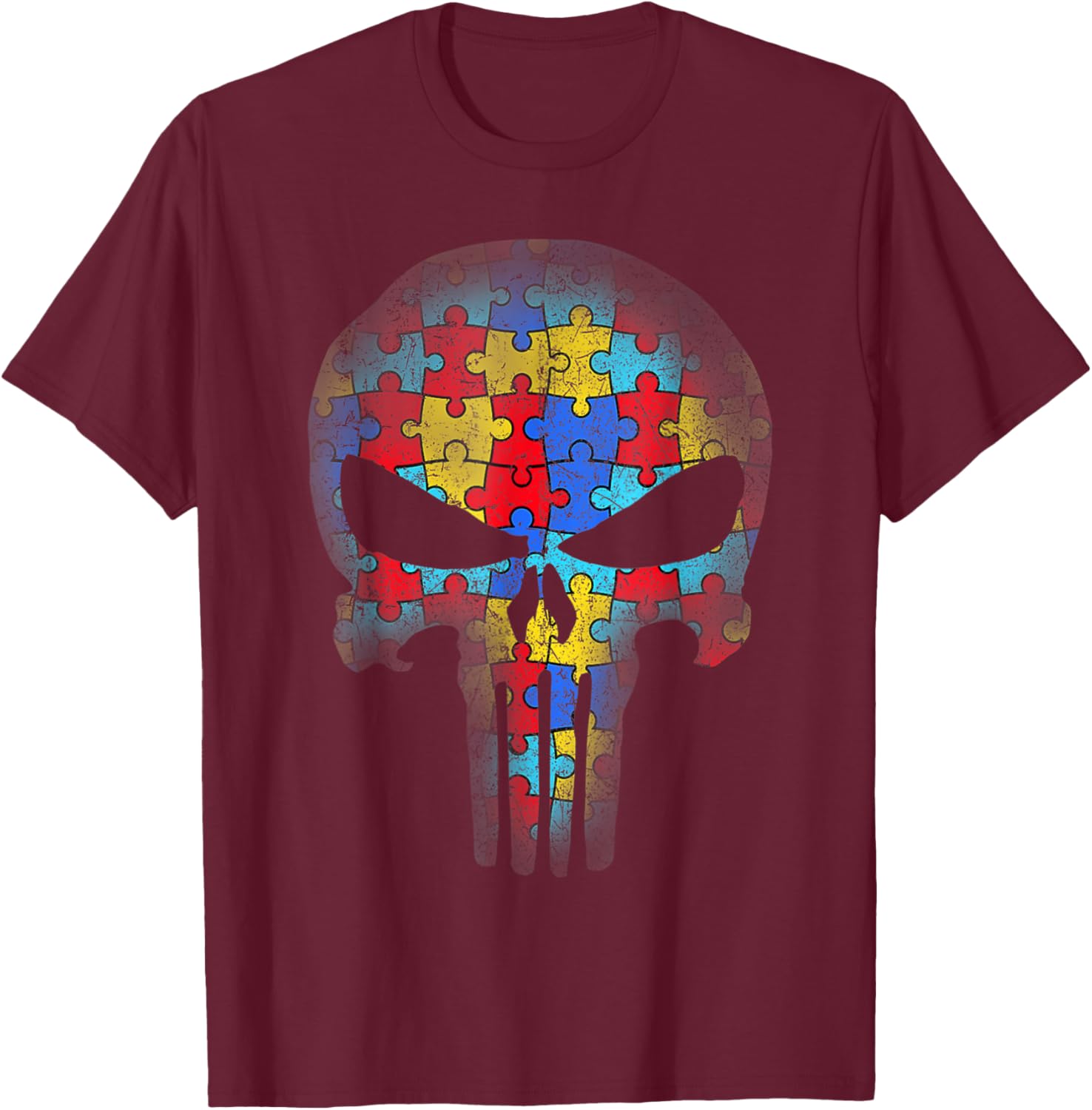 Skull Autism Awareness Puzzle Piece Kids T-Shirt - T-Shirt | Maroon