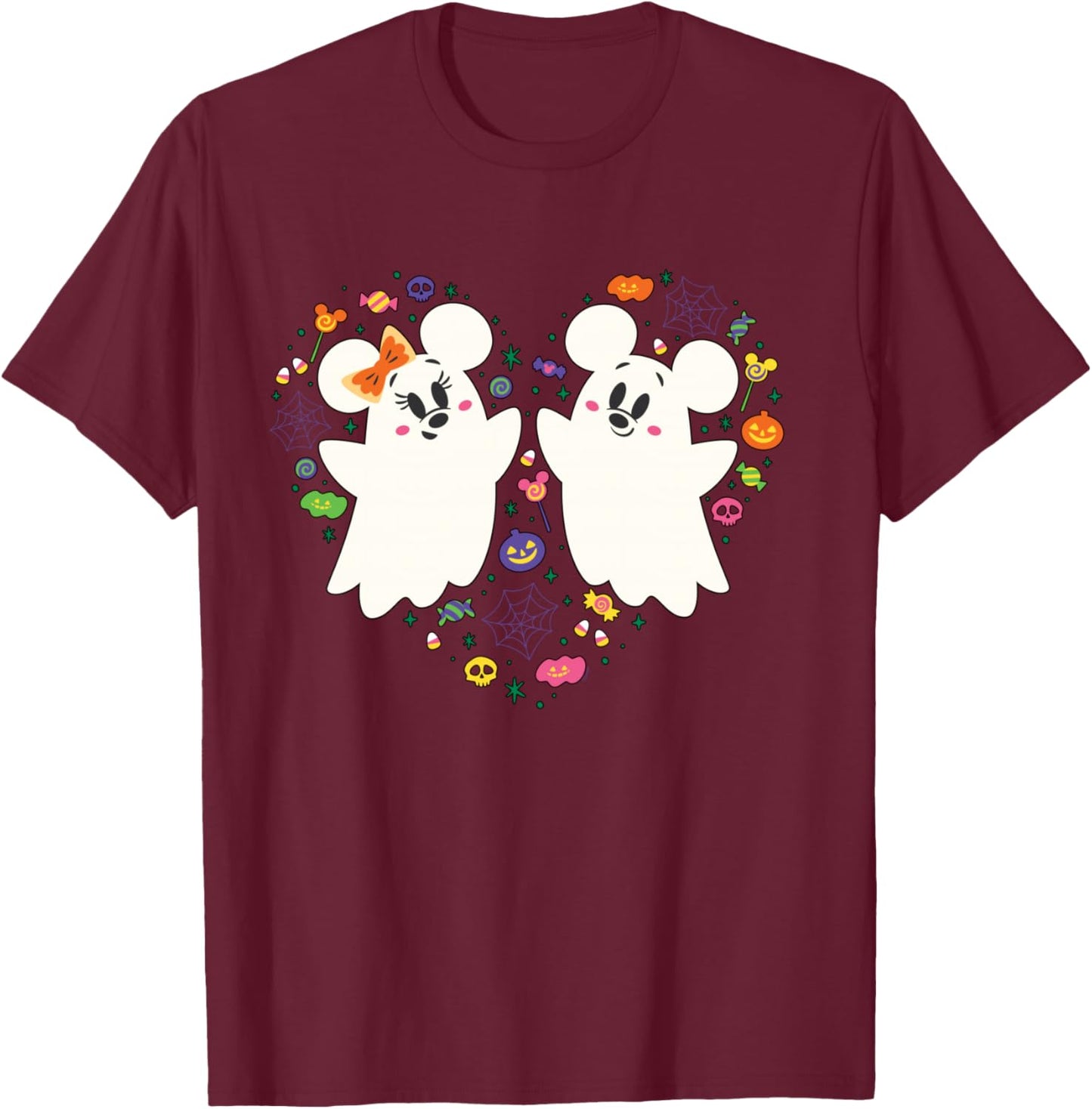 Disney Mickey and Minnie Cute Little Ghosts Halloween Heart T-Shirt - T-Shirt | Maroon