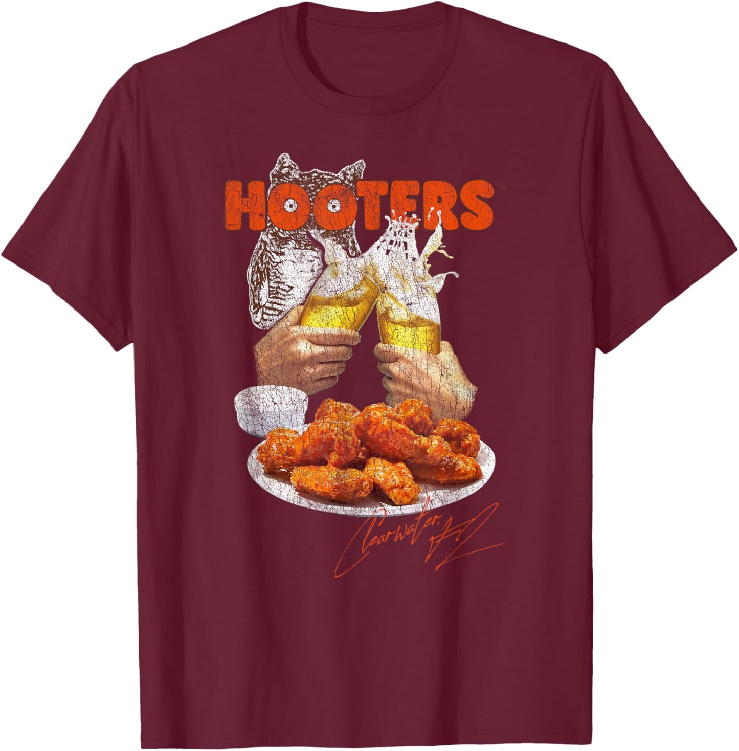Hooters Cheers to Hot Wings Vintage Photo Restaurant T-Shirt - T-Shirt | Maroon