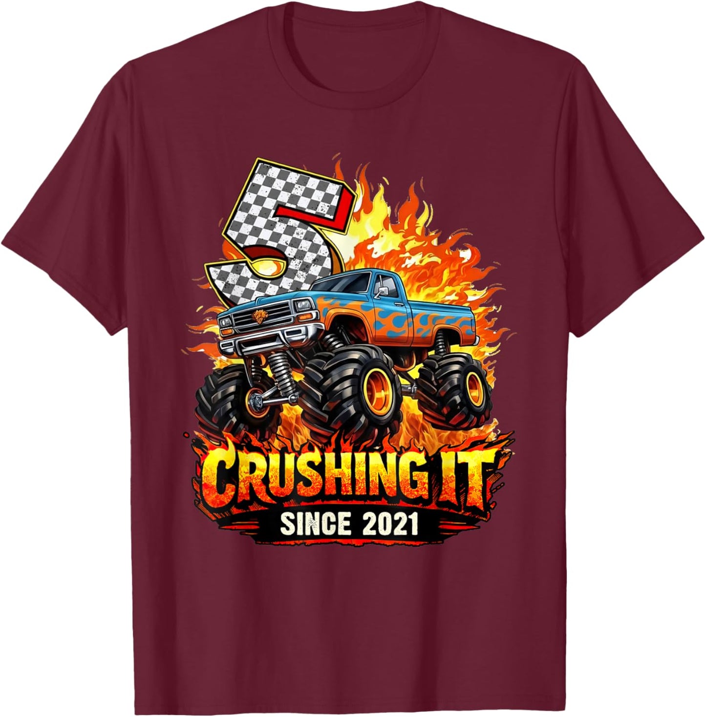 Birthday 5th Monster Truck 5 Year Old Since 2021 Boys Kids T-Shirt - T-Shirt | Maroon