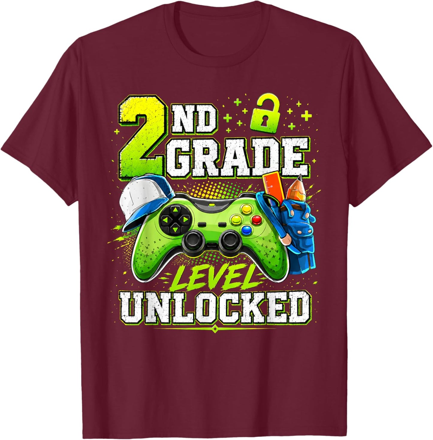 Back to School 2nd Second Grade Level Unlocked Gamer Kid T-Shirt - T-Shirt | Maroon