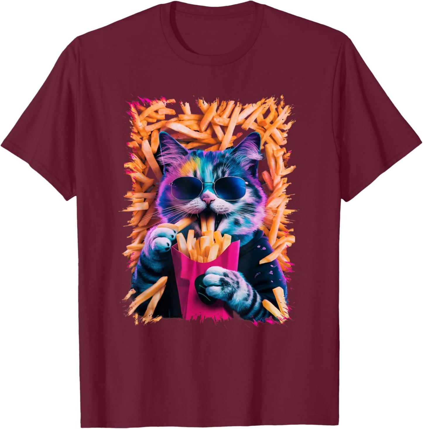 Funny Cat French Fries Humorous Potato Food Lovers Women Kids T-Shirt - T-Shirt | Maroon