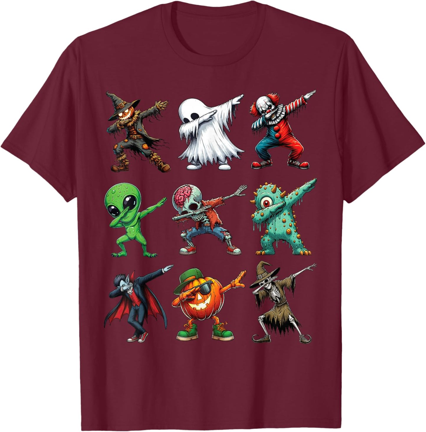 Dabbing Halloween Zombie Skeleton Pumpkin Scarecrow Ghost T-Shirt - T-Shirt | Maroon