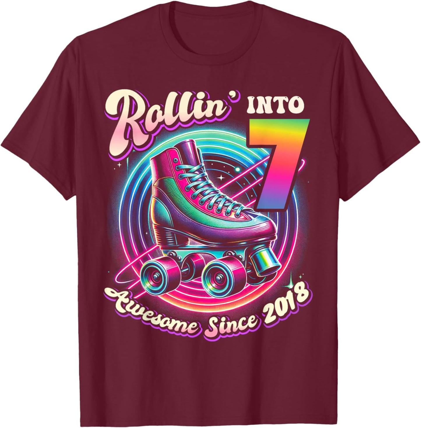 Birthday Roller Skating 7th Girls Rollin into 7 Skate Party T-Shirt - T-Shirt | Maroon