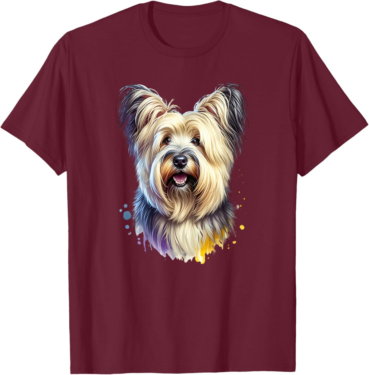 Skye Terrier Dog Watercolor Artwork T-Shirt - T-Shirt | Maroon