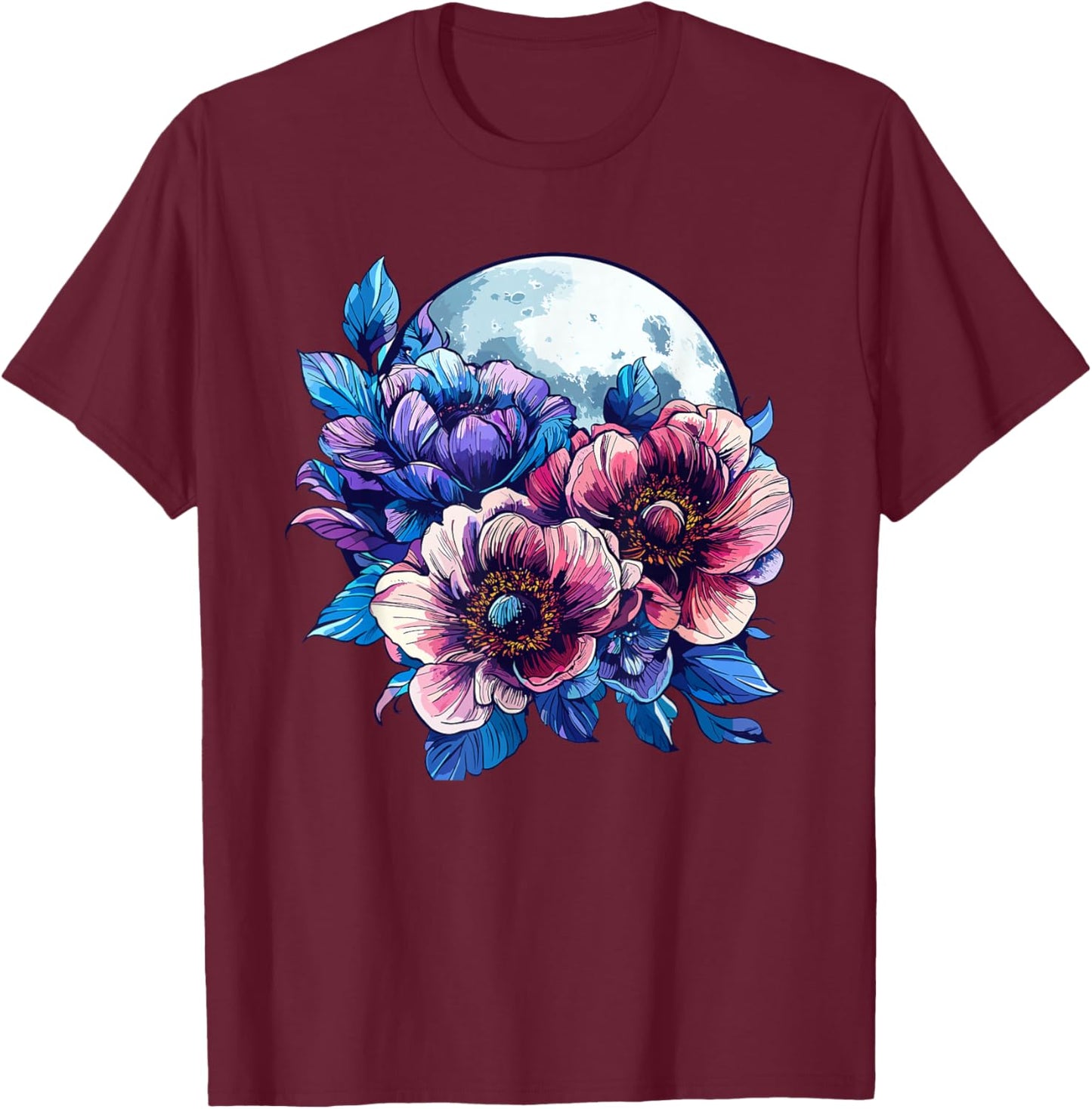 Midnight Bloom Moon Bouquet de Fleurs de Pivoine T-Shirt - T-Shirt | Maroon