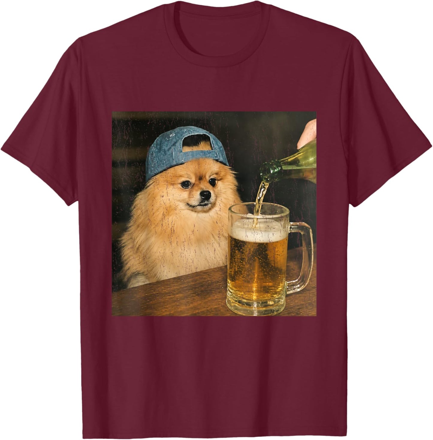 Pomeranian Drinking Beer Shirt Funny Dog Meme Art Vintage T-Shirt - T-Shirt | Maroon