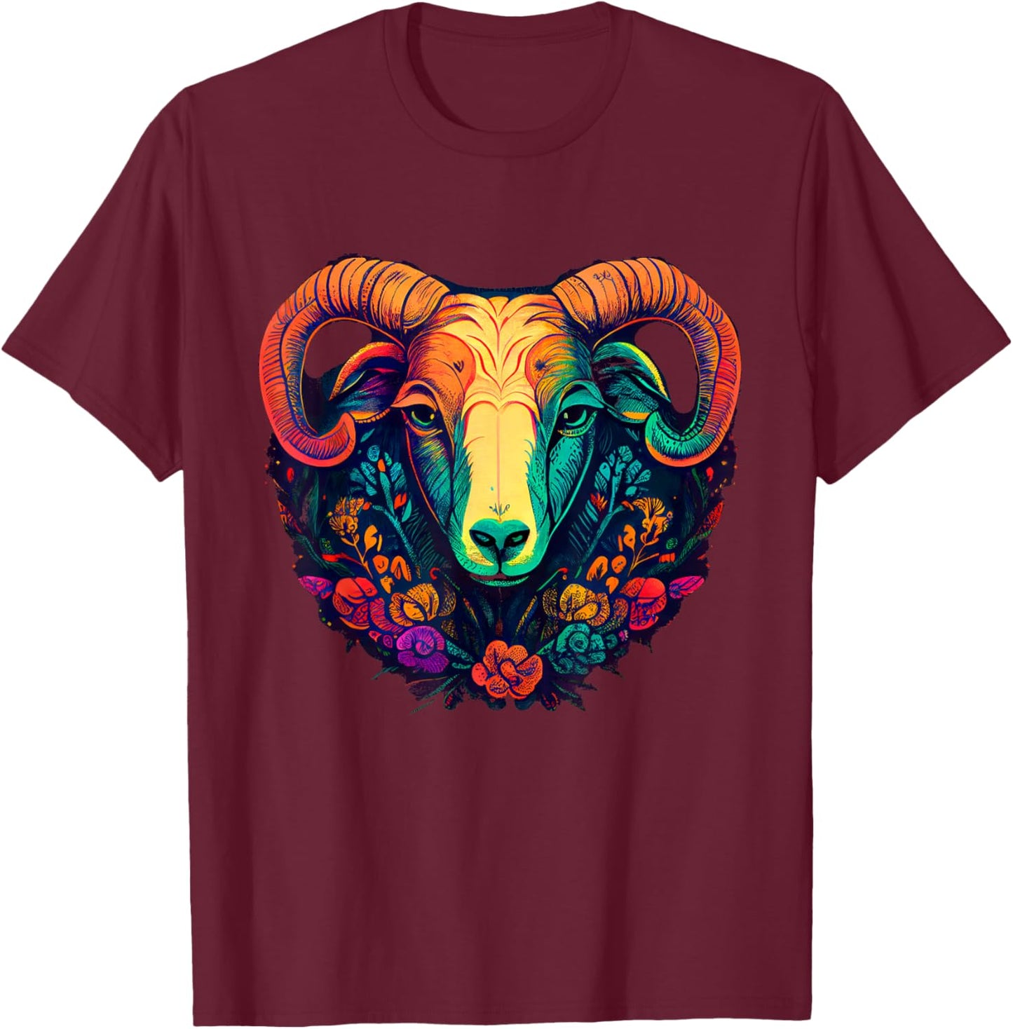 Vivid Ram Head with Floral Patterns T-Shirt - T-Shirt | Maroon