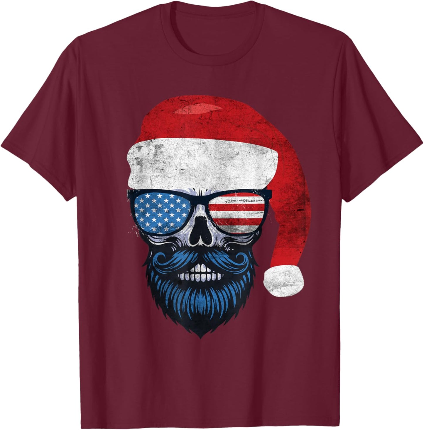 Hipster Santa US Flag Bearded Skull Sunglasses Patriotic T-Shirt - T-Shirt | Maroon