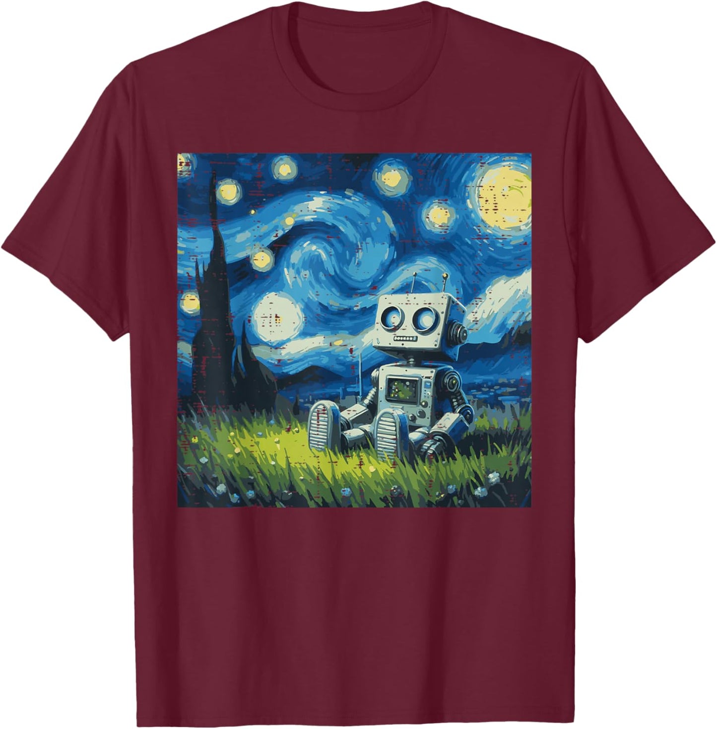 Robot Starry Night Funny Painting Art Meme Kids Men Women T-Shirt - T-Shirt | Maroon