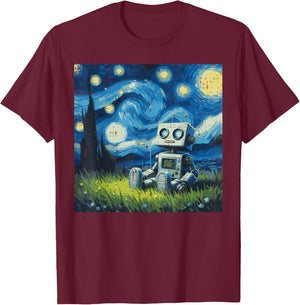 Robot Starry Night Funny Painting Art Meme Kids Men Women T-Shirt - T-Shirt | Maroon