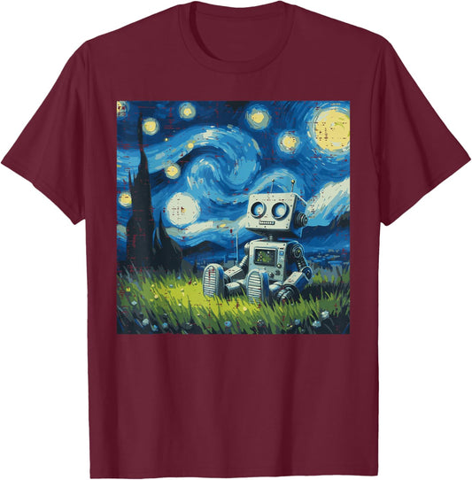 Robot Starry Night Funny Painting Art Meme Kids Men Women T-Shirt - T-Shirt | Maroon