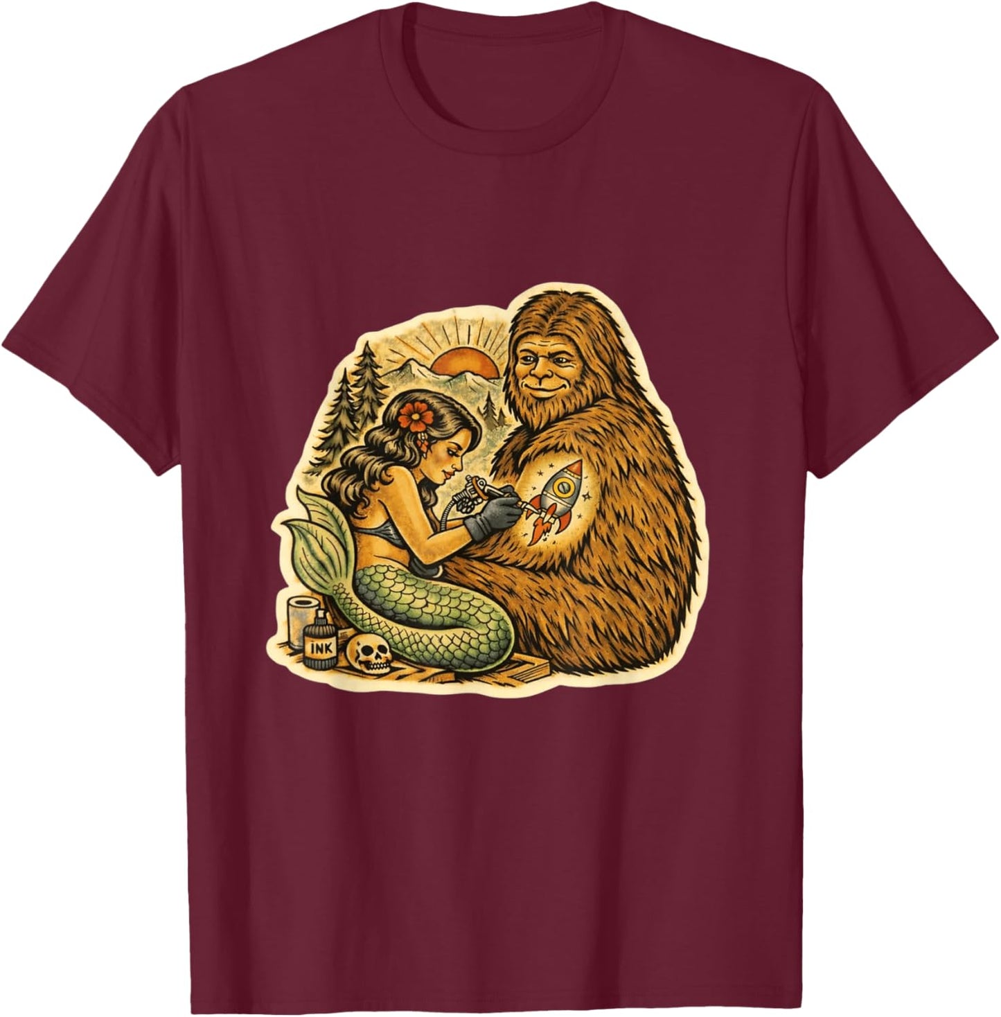 Bigfoot Mermaid Tattoo Funny Cryptid Art Graphic T-Shirt - T-Shirt | Maroon