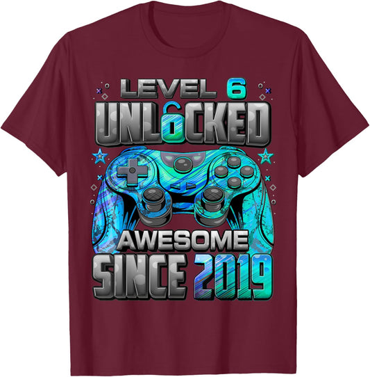 Level 6 Unlocked Awesome Since 2019 6th Birthday Gaming T-Shirt - T-Shirt | Maroon
