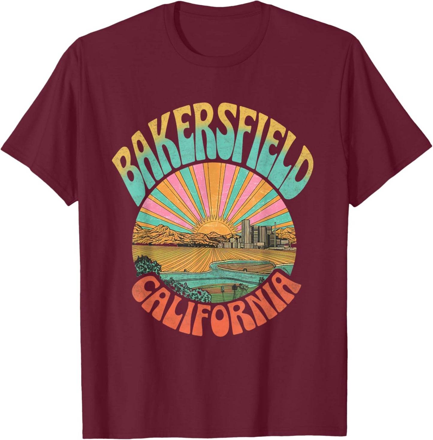 Vintage Bakersfield California Sunset Skyline Cityscape T-Shirt - T-Shirt | Maroon