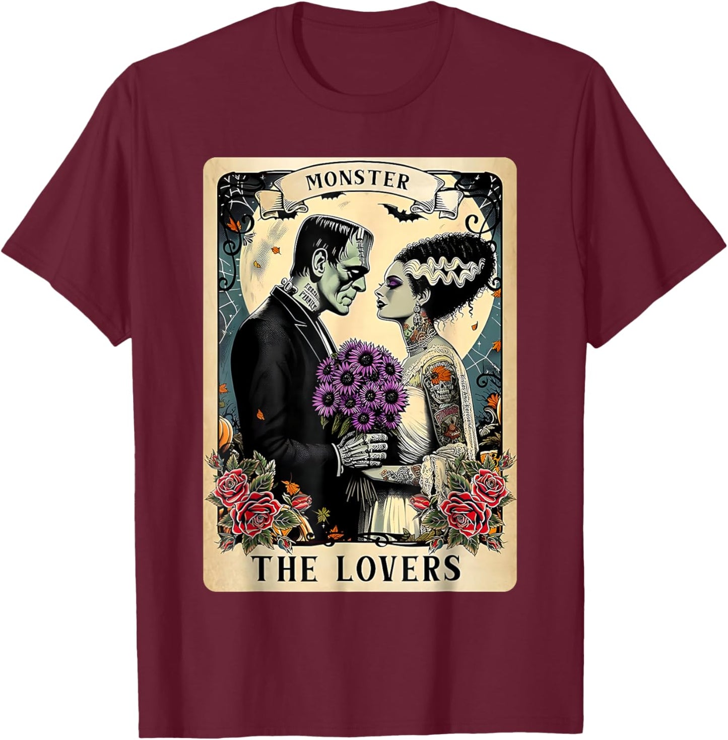 The Monster Frankenstein and Bride The Lovers Tarot Card T-Shirt - T-Shirt | Maroon
